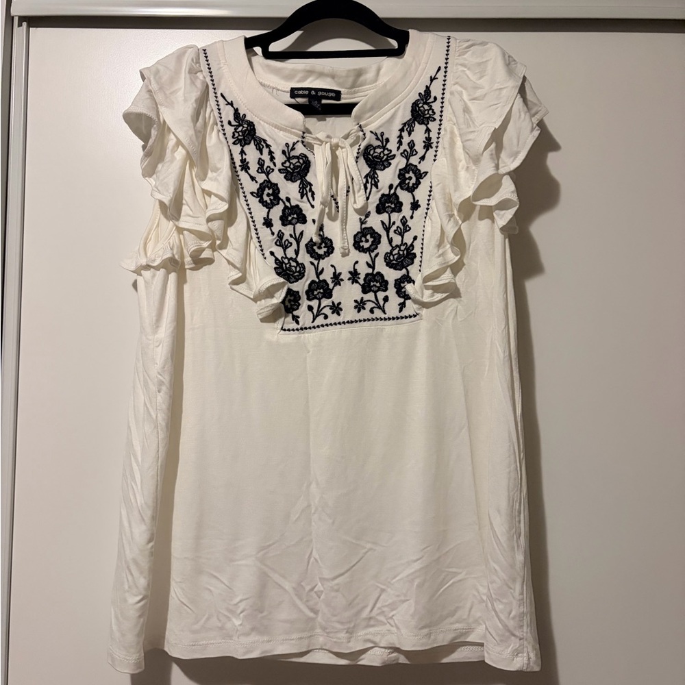 Cable & Gauge Ivory Top with Black Floral Embroidered Design